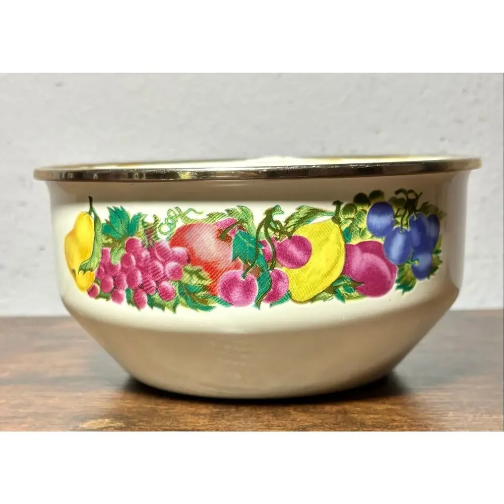 Vintage Metro Vitroceramic Metal Enamel Mixing Bowl Fruit & Floral Pattern 6.5”